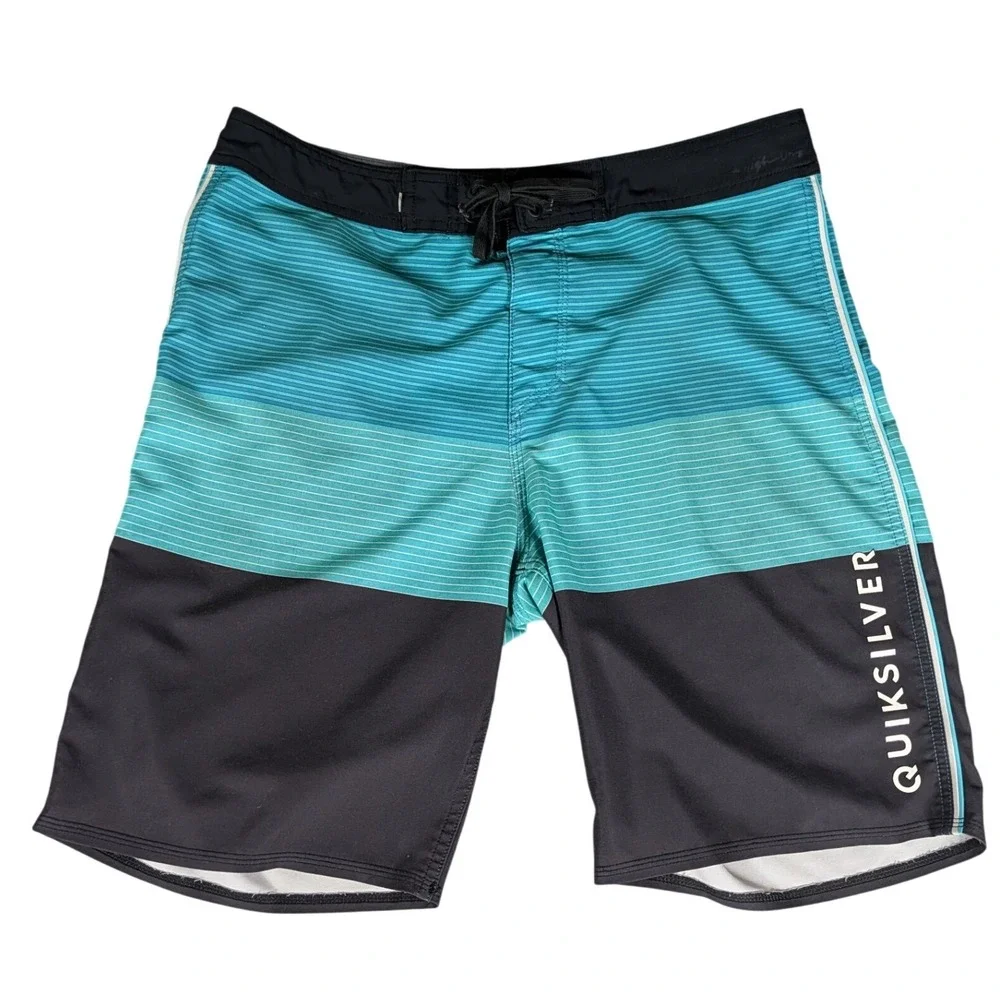 Quiksilver‎ Highline Mens Board Shorts Teal Black Striped 4-Way Stretch